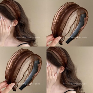 山岚茶间~复古深棕网纱宽边发箍女2025新款法式慵懒风发旅头箍