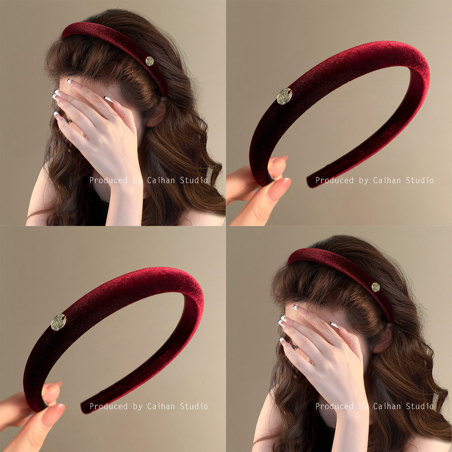 玛丽新贵~复古酒红丝绒金标发箍