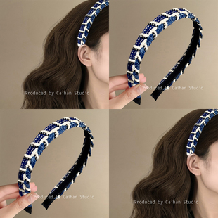 蓝调唱片~韩系复古手工编织发箍度假风牛仔蓝撞色拼接高级感盘发