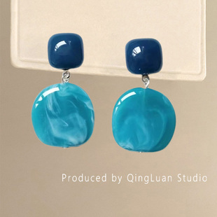 西伯利亚湖泊~复古气质湖水蓝耳钉耳夹港风温柔显白醋酸小众耳环