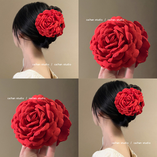 炙热红玫瑰~花朵抓夹超仙氛围感绣球花盘发鲨鱼夹女浪漫红色发夹