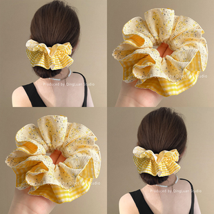 香草柠檬黄~奶油风碎花大肠发圈韩系甜美格纹头圈发绳旅行头绳