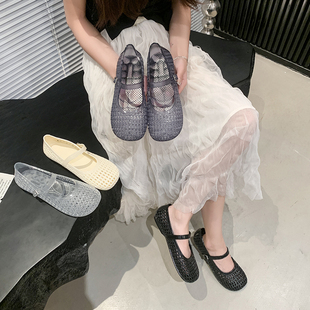 玛丽珍鞋女夏季外穿平底包后跟凉鞋编织网面透气百搭便鞋沙滩鞋女
