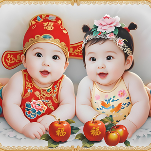 2025年画婴幼儿海报龙凤胎人丁兴旺画大头娃娃照片结婚福宝宝贴像