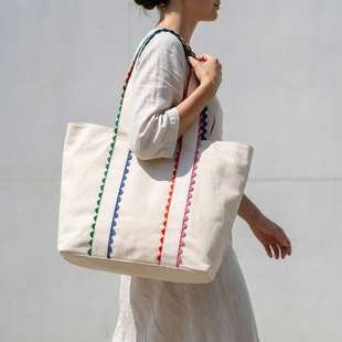 饰条纹帆布单肩包休闲原创设计 布也日系文艺托特包女大容量彩色装