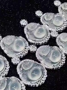 天然玉髓高冰种白底飘花佛公吊坠18K金镶嵌笑佛挂件雪花佛