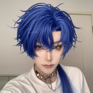 假发男长狼尾蓝发鲻鱼头层次感拖尾狼尾中长发动漫cos显脸小头套