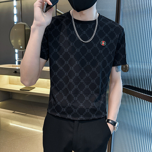 24夏季短袖T恤男 韩版潮流精神小伙菱形格打底衫LTX52058-P55图片