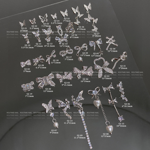 新款 饰 锆石蝴蝶结链条吊坠美甲饰品银色系列网红镶钻指甲装
