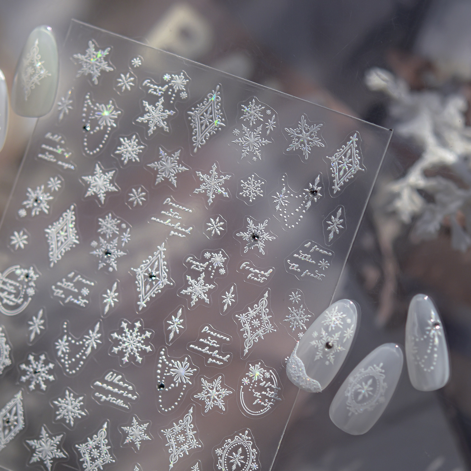 美甲贴纸丝绒雪花高级晶钻款式细闪贝壳光项链雪花百搭美甲装饰贴