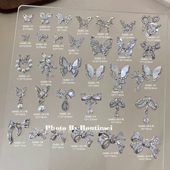 美甲保色银色蝴蝶结蝴蝶美甲锆石2025新年镶钻爆闪指甲装 饰品配件