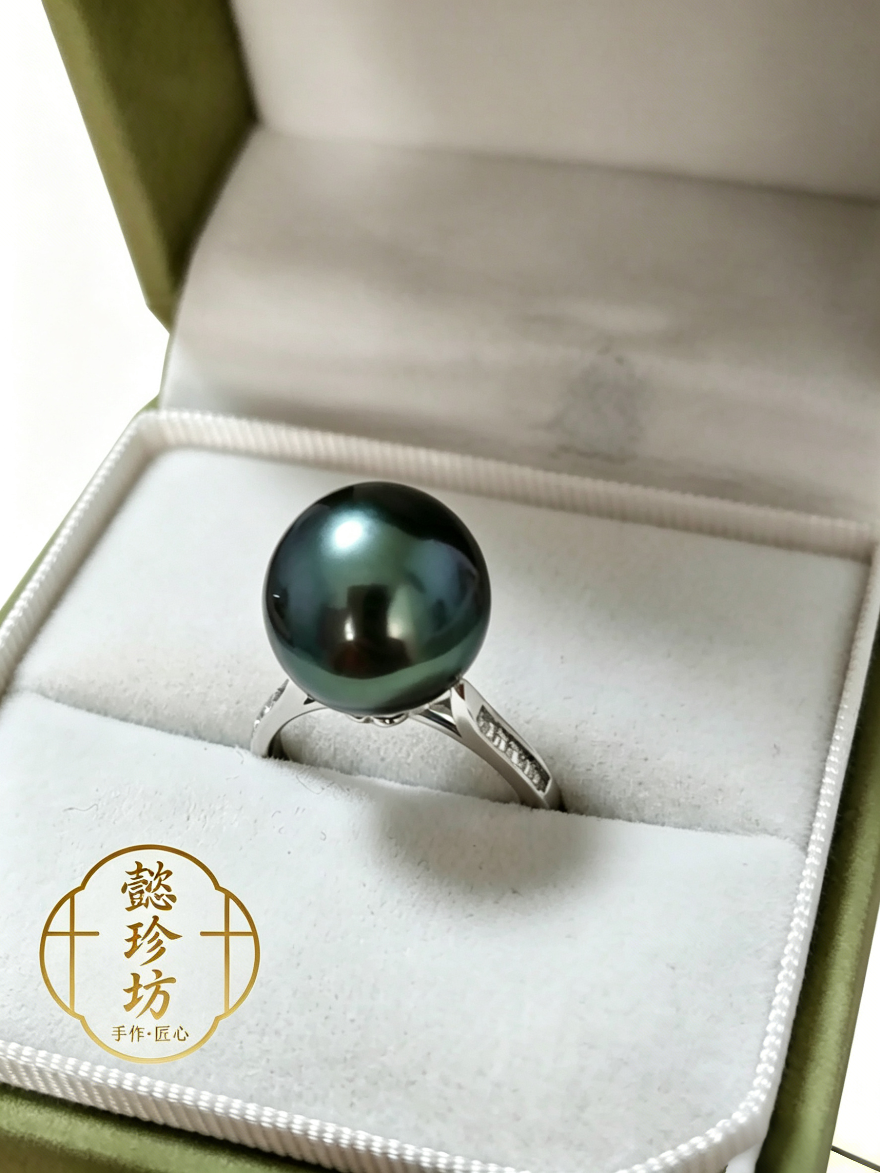 天然海水珍珠戒指大溪地孔雀绿S925银13mm轻奢设计款送礼首选孤品