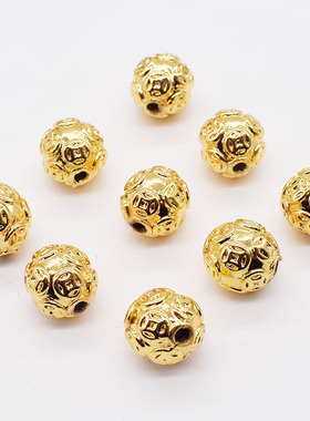 不掉色24k金珠铜镀真金圆珠实心铜钱金珠 隔珠散珠8-10首饰配件