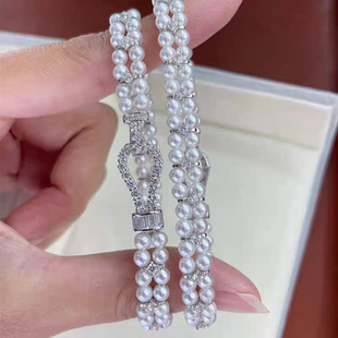 DIY配件 925镀银闪耀满锆石马蹄扣双排单排珍珠项链手链T方收尾扣