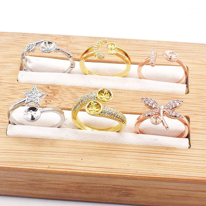 925镀银珍珠戒指空托DIY开口指环手饰配件女微镶戒托镶嵌简约时尚