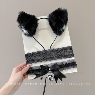 黑色纯欲猫耳朵发箍头饰女蕾丝眼罩情趣铃铛项圈可爱性感兽耳发卡
