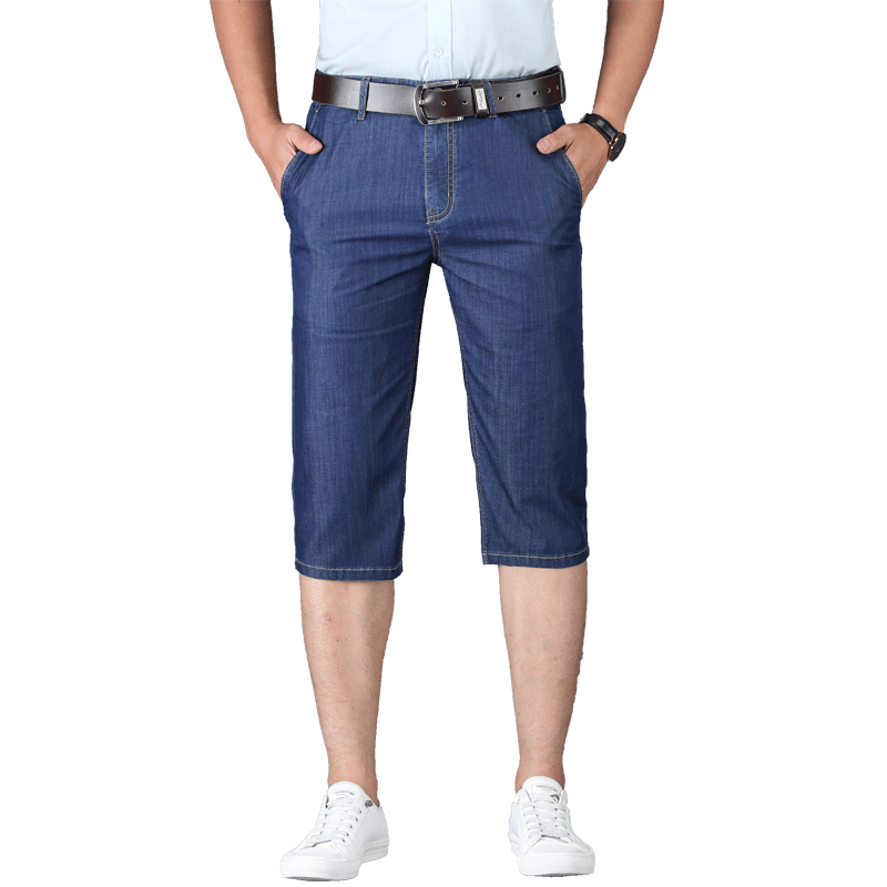 夏季薄款七分牛仔裤男高腰直筒宽牛仔裤
