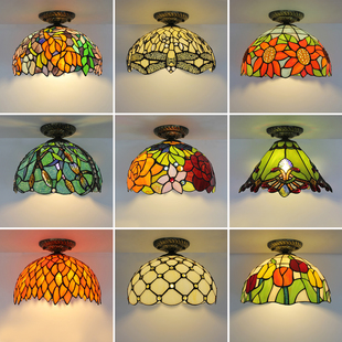 客厅餐厅顶顶 彩色玻璃走廊过道参与吸顶灯 民宿咖啡厅灯 风格 美式