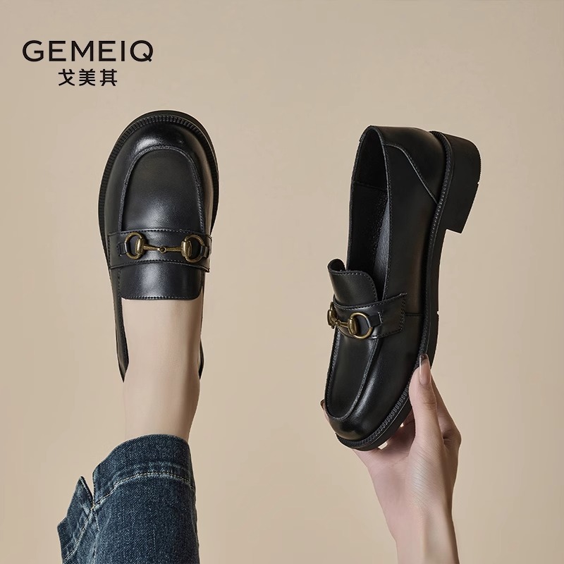 戈美其真皮乐福鞋女2024春秋新款一脚蹬百搭英伦单鞋厚底jk小皮鞋
