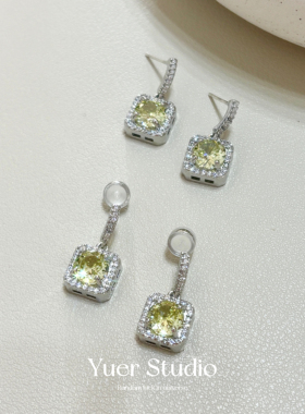 「浅柠」爆闪淡黄色方糖锆石无痛耳夹无耳洞耳饰女八星八箭珠宝感