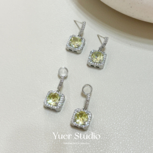 「浅柠」爆闪淡黄色方糖锆石无痛耳夹无耳洞耳饰女八星八箭珠宝感