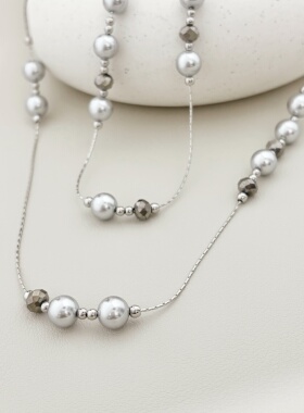 「满天星」孟子义同款银灰色珍珠长款项链小众设计双层叠戴毛衣链