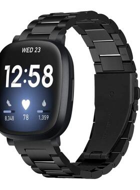 适用fitbit versa3 sense智能三代手表不锈钢三珠商务表带男女