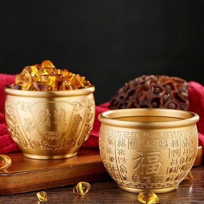 纯黄铜百福缸招财米缸聚财摆件冰箱聚宝盆客厅办公室桌面守财摆件