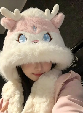 可爱卡通刺绣毛绒帽子围巾一体加厚防寒保暖帽甜美护耳新款冬季