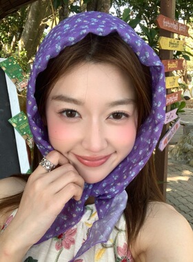 春夏百搭紫色碎花头巾女氛围感三角巾丝巾轻薄小领巾脖子装饰围巾