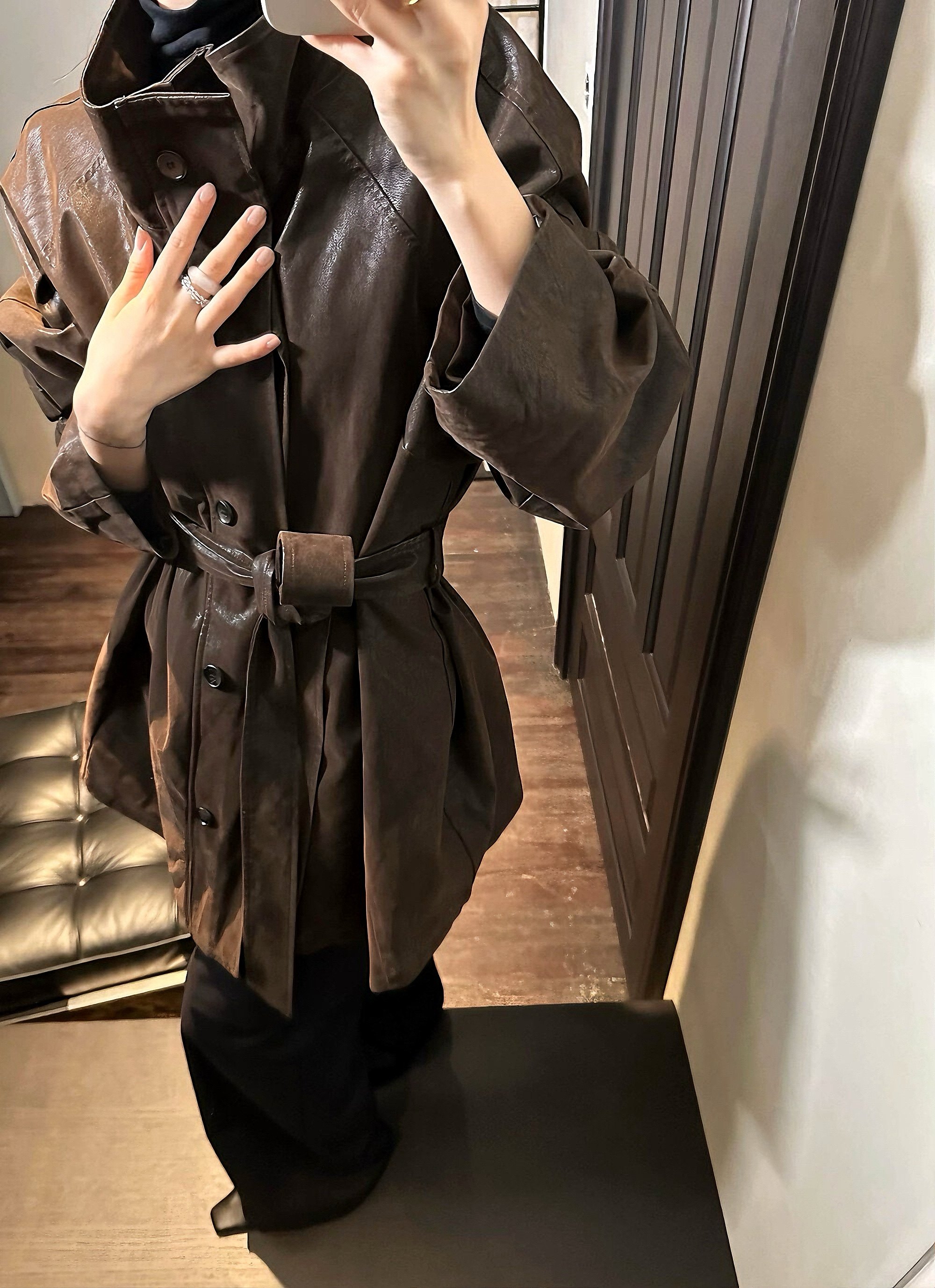 棕色翻皮衣外套女中长款