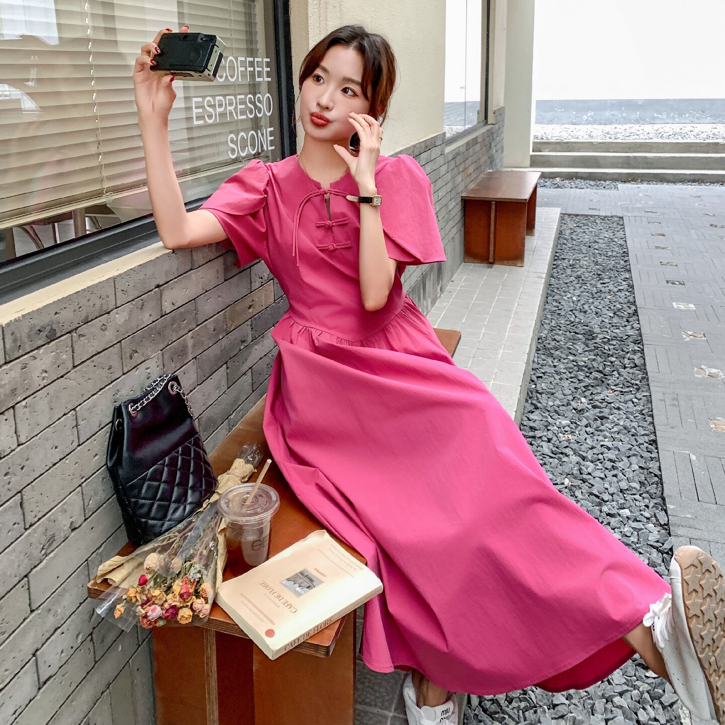 新中式玫红色泡泡袖连衣裙女夏季新款韩版复古国风气质高腰长裙子