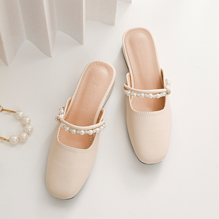 包头凉鞋女夏季方头粗跟配裙中跟凉拖鞋软皮穆勒鞋法式外穿半拖鞋