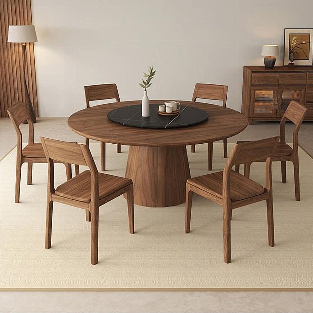 黑胡桃木实木餐桌椅组合家用客厅现代简约圆桌带转盘吃饭桌大饭桌