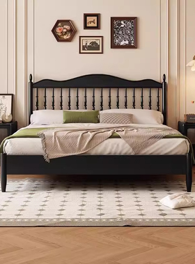 中古风实木床黑色复古风竖琴床主卧1.8M高箱储物法式床家用双人床