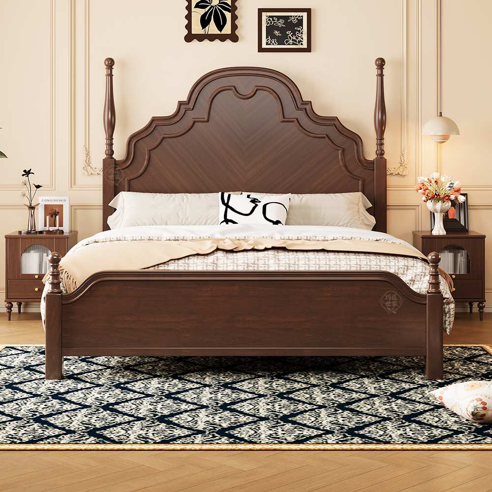 法式中古风实木床胡桃色复古主卧次卧双人床简约轻奢美式安娜床,住宅家具,实木床,淘宝优惠券,粉丝福利购,淘宝优惠卷