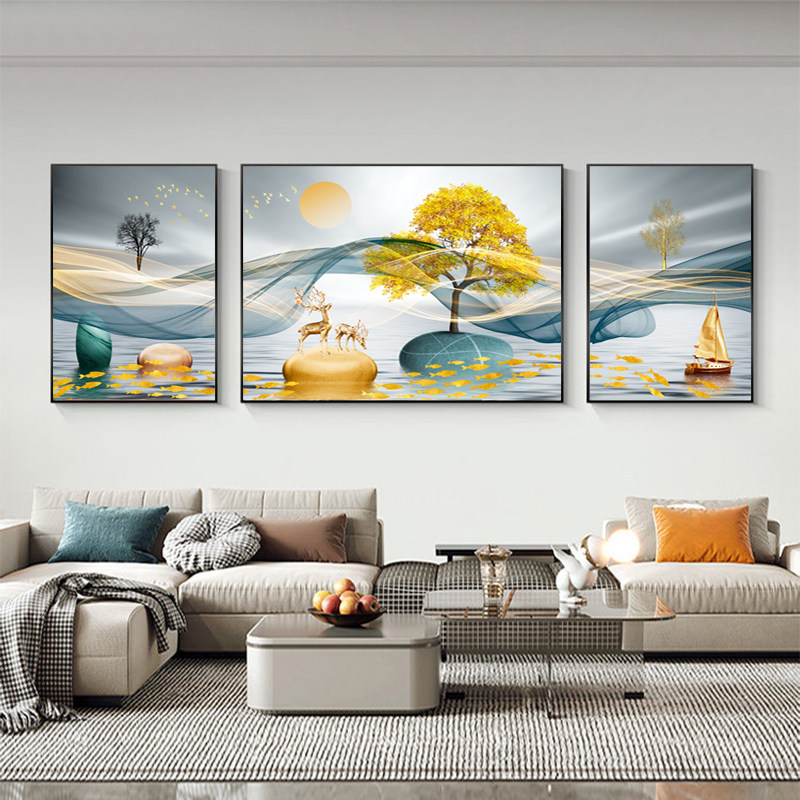 福鹿聚财客厅挂画北欧简约三联壁画高档大气墙画沙发背景墙装饰画,家居饰品,现代装饰画,淘宝优惠券,粉丝福利购,淘宝优惠卷