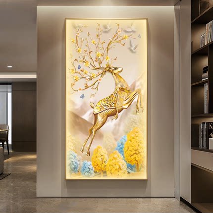 玄关客厅装饰画北欧金色麋鹿晶瓷画沙发背景墙挂画入户过道墙壁画