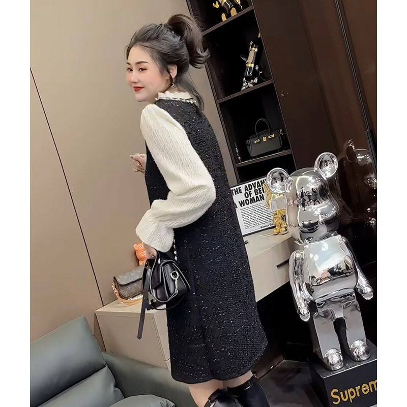法式名媛黑色小香风连衣裙女2024早春新款小个子赫本风长袖小黑裙