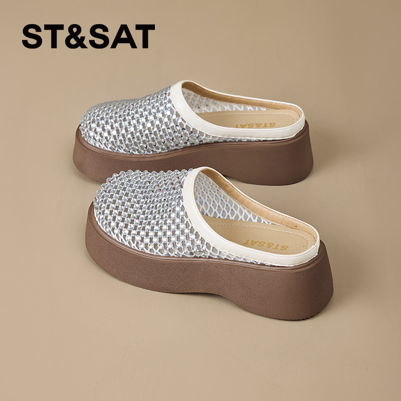 星期六一字松糕拖网面编织水钻厚底一脚蹬夏2025新款外穿水钻凉鞋