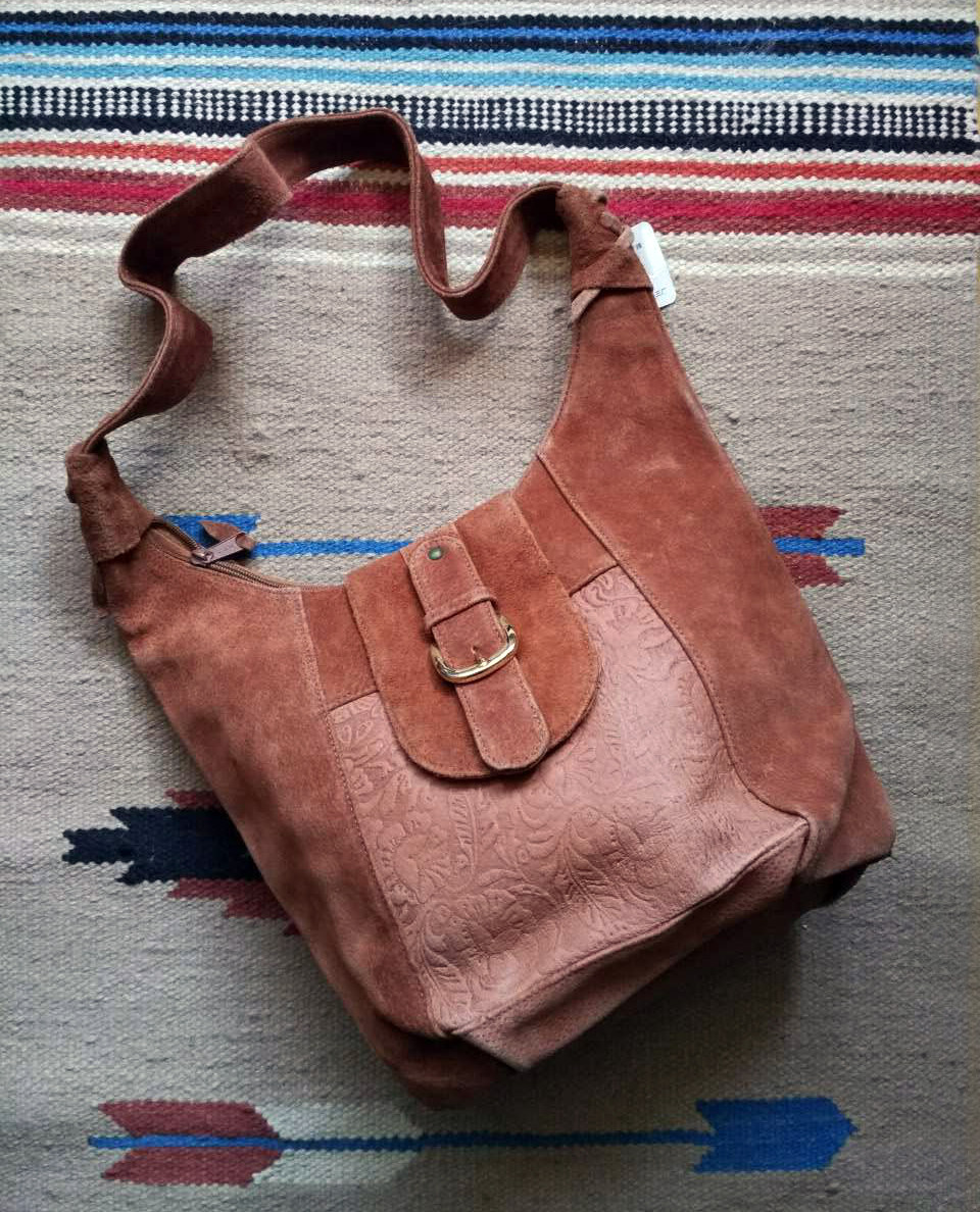 90年代VINTAGE 古董包 真皮翻毛反绒皮 压花肩挎包 复古着