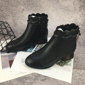 凤飞飞2024冬季 新款 女靴真皮低跟粗跟加绒圆头侧拉链妈妈棉靴9162