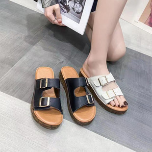 冰洁女鞋2023夏季新款真皮平底一字拖软底外出牛筋底凉拖鞋98886