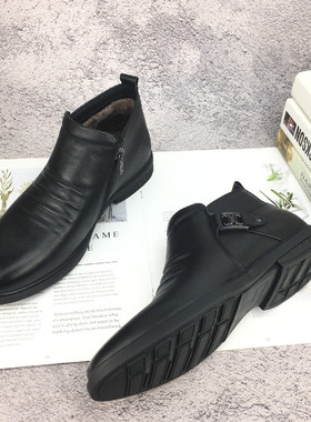 冰洁男鞋2024冬季新款高帮棉皮鞋真皮圆头平跟加绒商务休闲225010