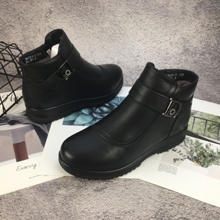 侧拉链加绒保暖65001 冰洁2024冬女鞋 真皮平跟中老年妈妈棉皮鞋