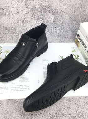 冰洁男鞋2024冬季款高帮棉皮鞋真皮平跟侧拉链加绒棉鞋保暖225002