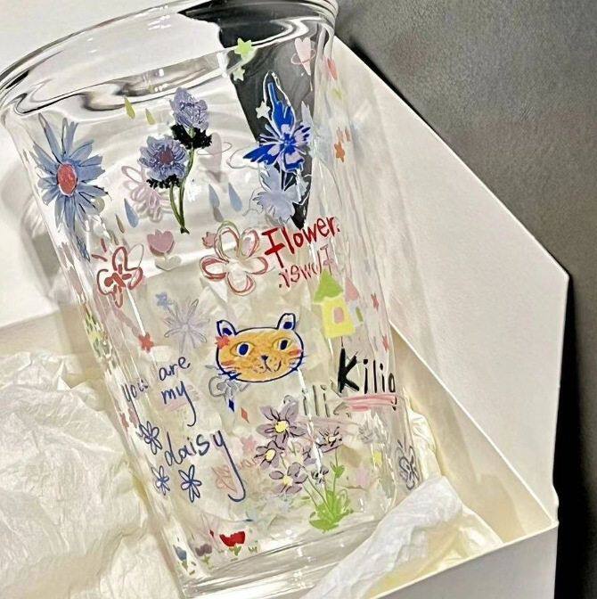 网红同款 涂鸦多巴胺杯翻口玻璃玻璃杯