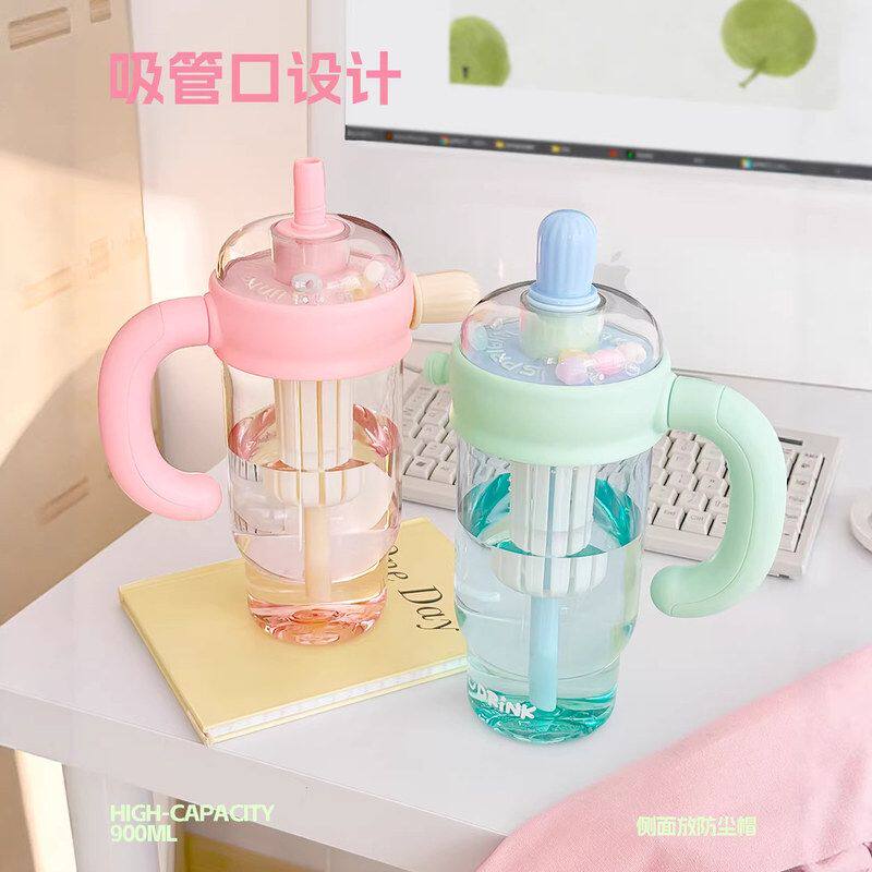 新款带手柄吸管塑料杯夏季女高颜值便携办公水杯带茶隔杯子批发