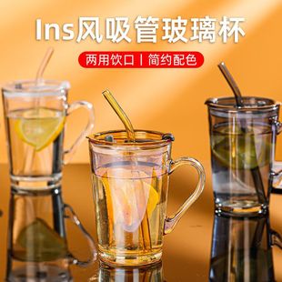 家用学生礼品牛奶杯把手杯玻璃ins双饮杯办公咖啡果汁吸管杯 新款