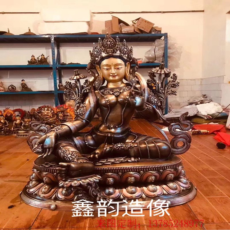 两尺黄铜雕绿度母菩萨藏式彩绘纯铜居家佛堂寺庙大型佛像制作厂家